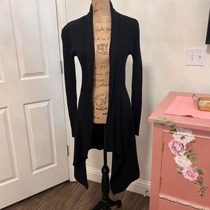 Cabi Long Cardigan Sweater, black thin cable knit, A-line, size medium.